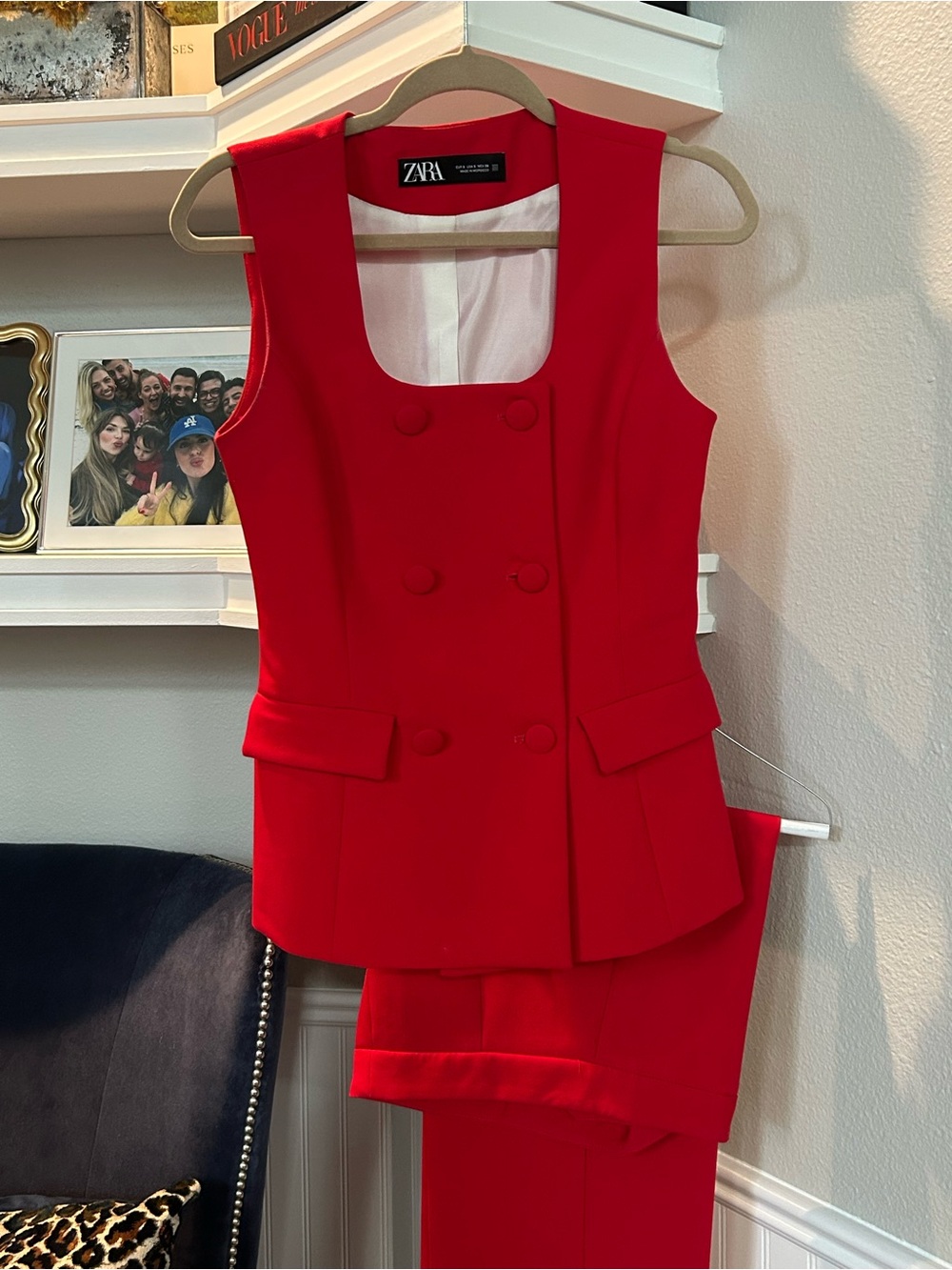 ZARA Women’s Red Double-Breasted Sleeveless Suit Pants Set- fully lined